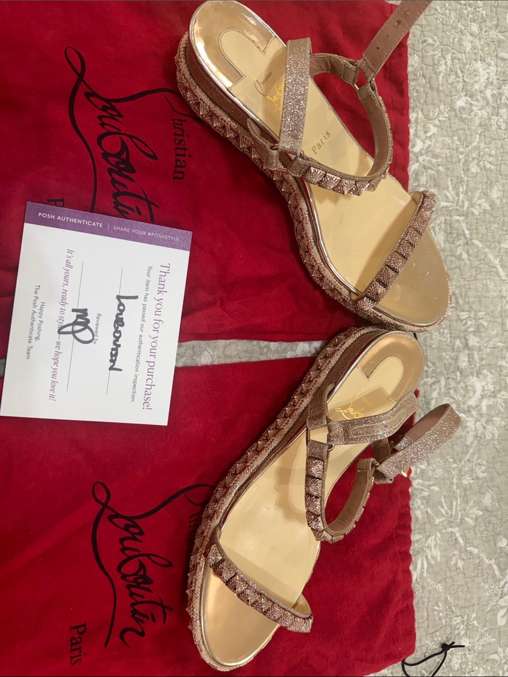Christian Louboutin Rose Gold Glitter Espadrille Sandals with Braided Wedge